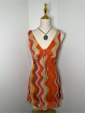 Retro Abstract Wave Print Mini Dress Sleeveless V-Neck Y2K Style